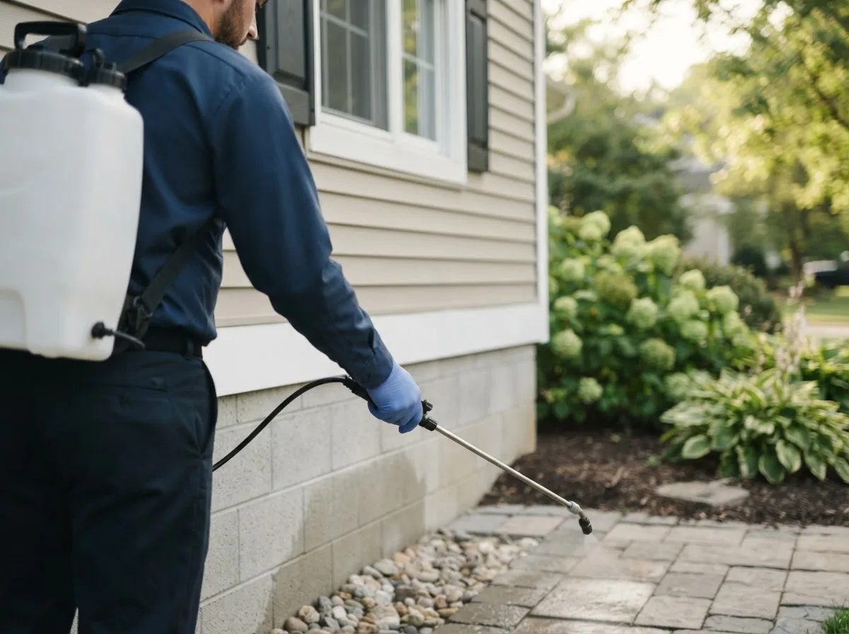 Pest control technician inspecting a home in Piper City, IL